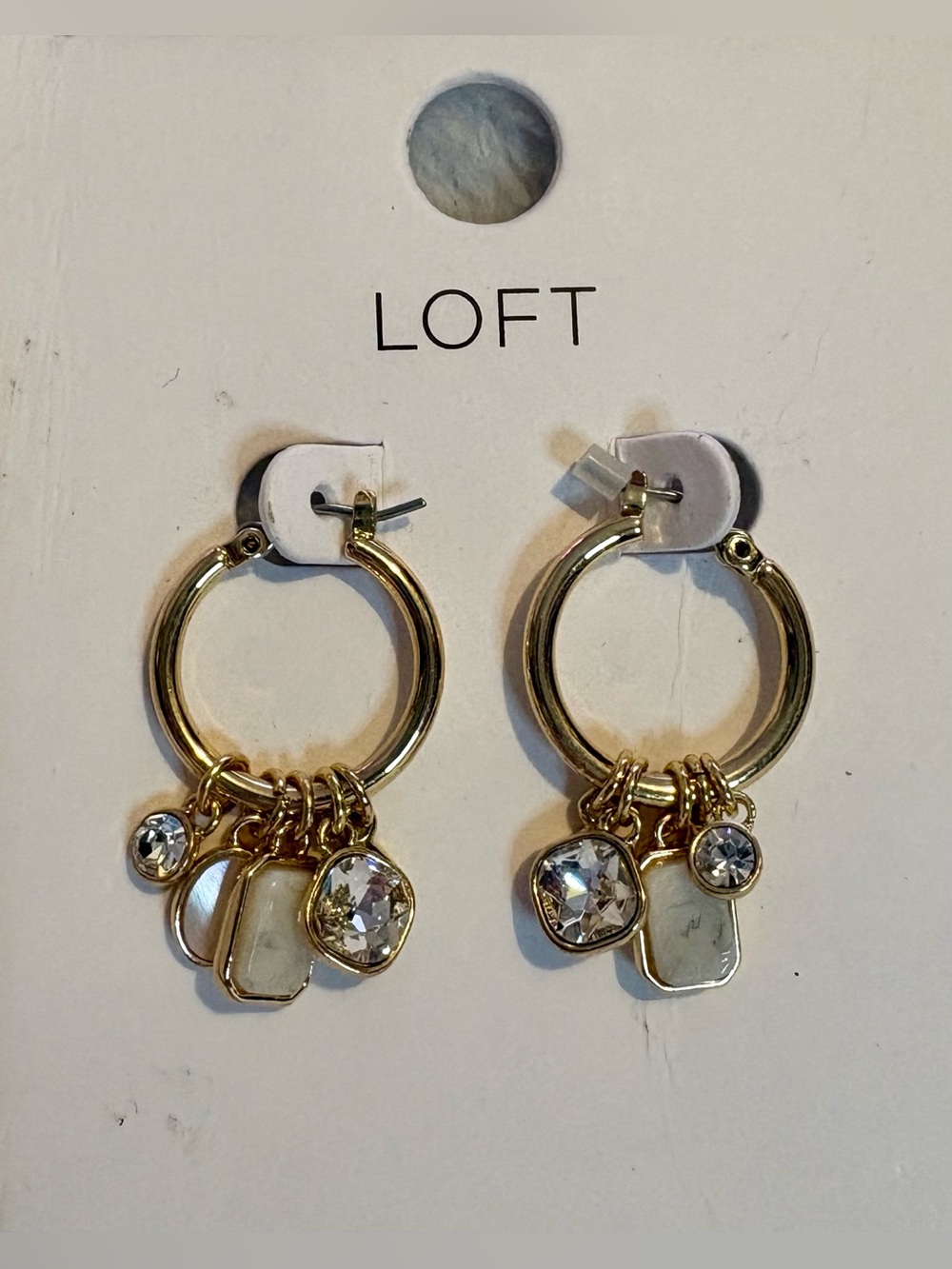 LOFT Gold Hoop Earrings with Clear Crystals and Cream Charms - Picture 3 of 4